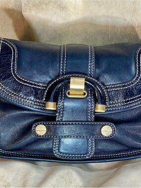 b. makowsky Black Leather Mini Shoulder Bag with Gold Hardware